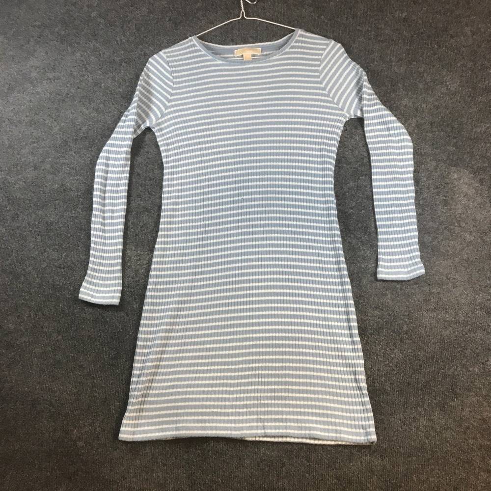 Michael Kors Bodycon Sweater Dress Women Medium Blue White Striped Knit Pullover